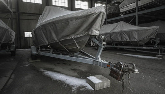Winter boat and trailer secured with a heavy-duty padlock in a marina storage yard