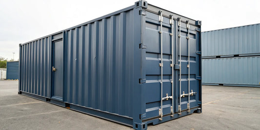 A blue shipping container door secured by a heavy-duty security lock.