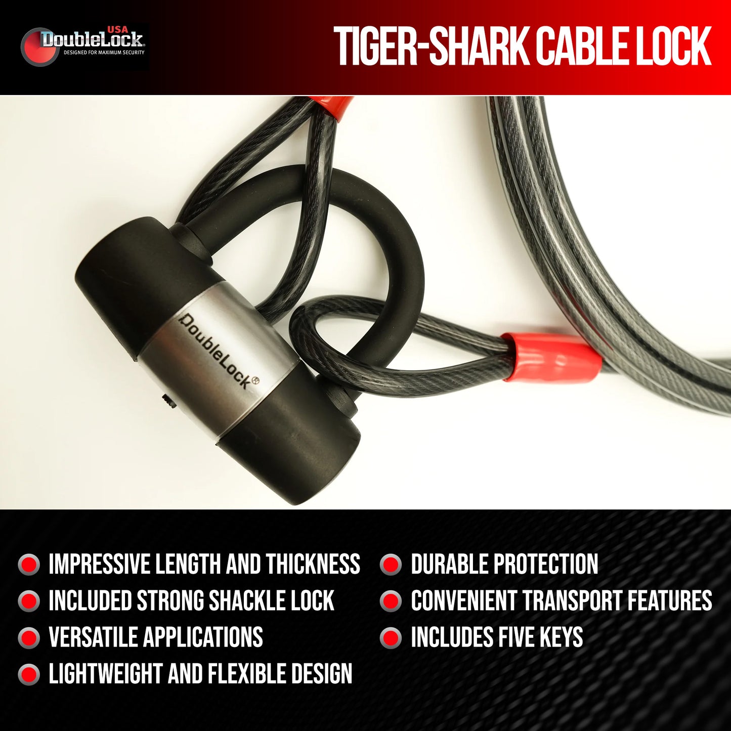 TIGER-SHARK Extra Long Cable & Lock Combo | Shackle Lock and Long Steel Cable Bundle